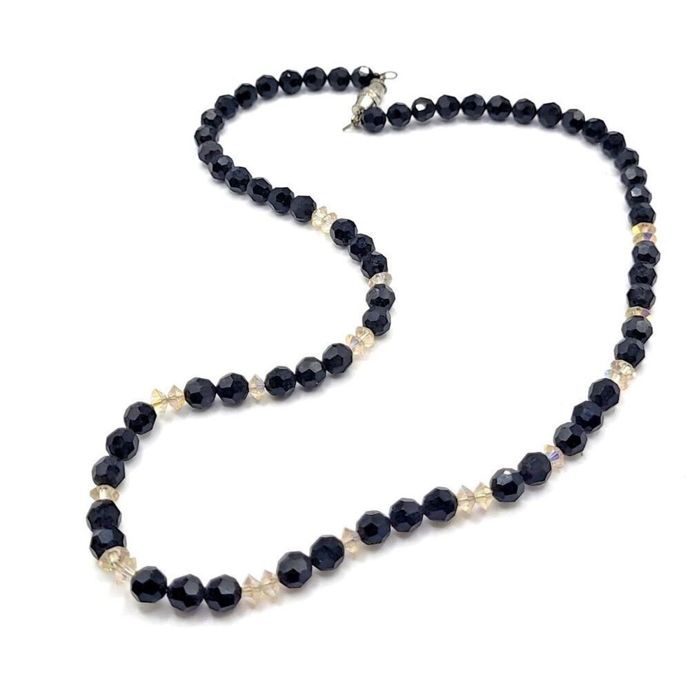 Vintage Mid-Century French Jet and Crystal Glass Beaded Necklace 18in